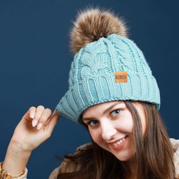 Womens Winter Warm Fleece Lined Knitted Soft Ski Cuff Beanie Hat with Pom Pom main image 7